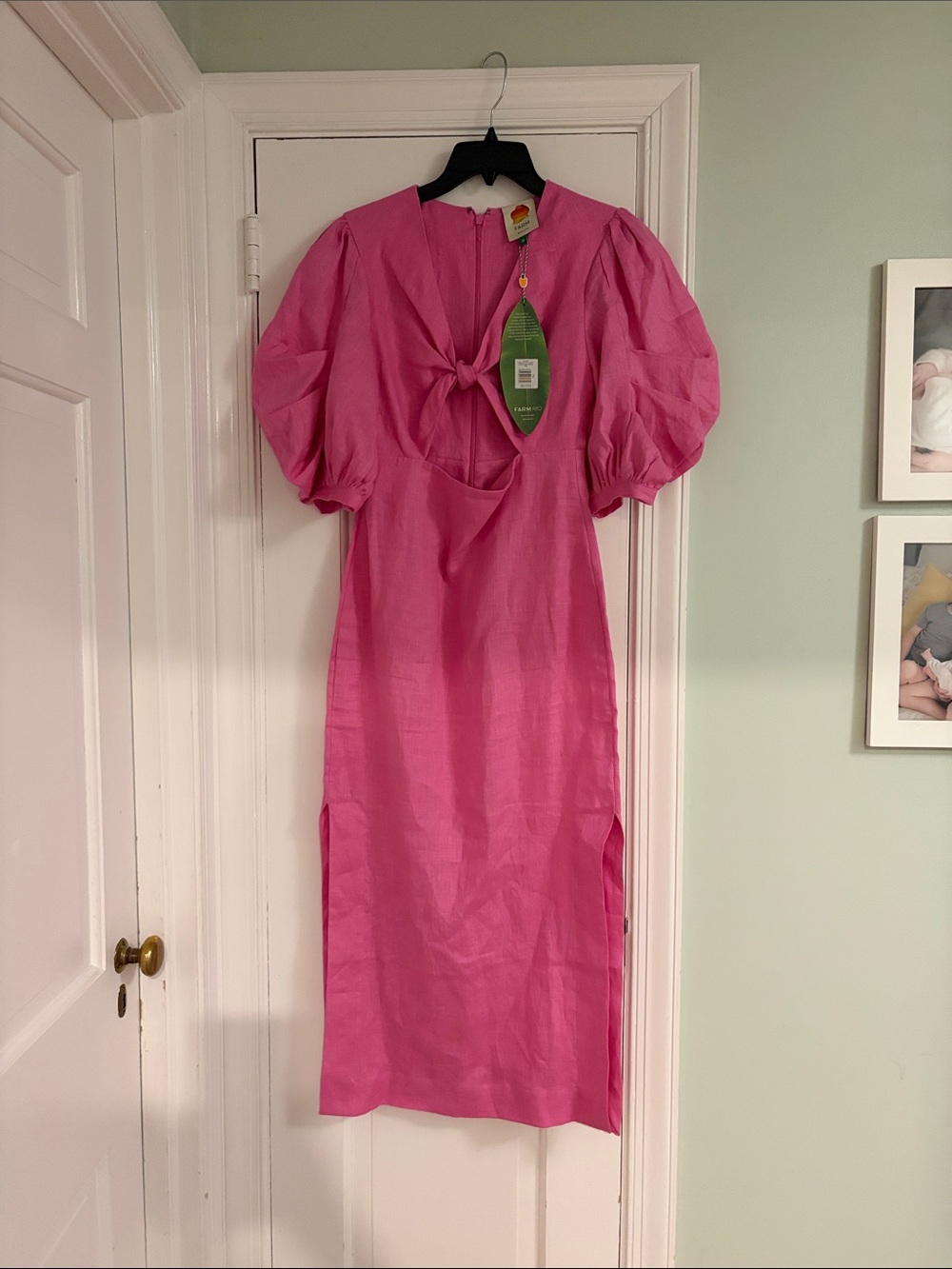 Farm Rio Bright Pink Puff-Sleeve Tie-Front Midi Dress
